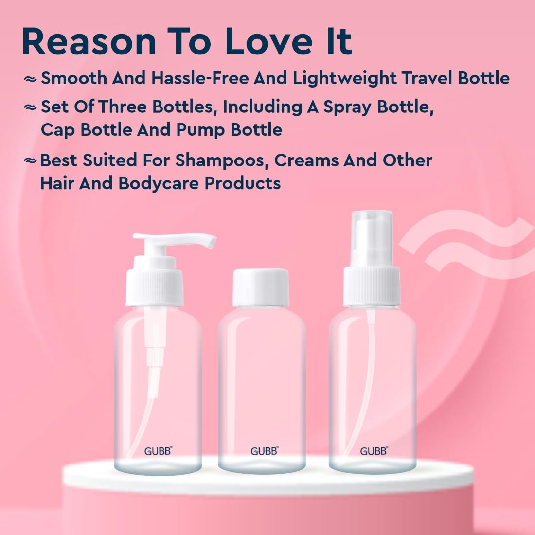 GUBB Travel Bottle Set | Travel Bottles For Toiletries | Refillable Bottles With Pump, Spray & Cap