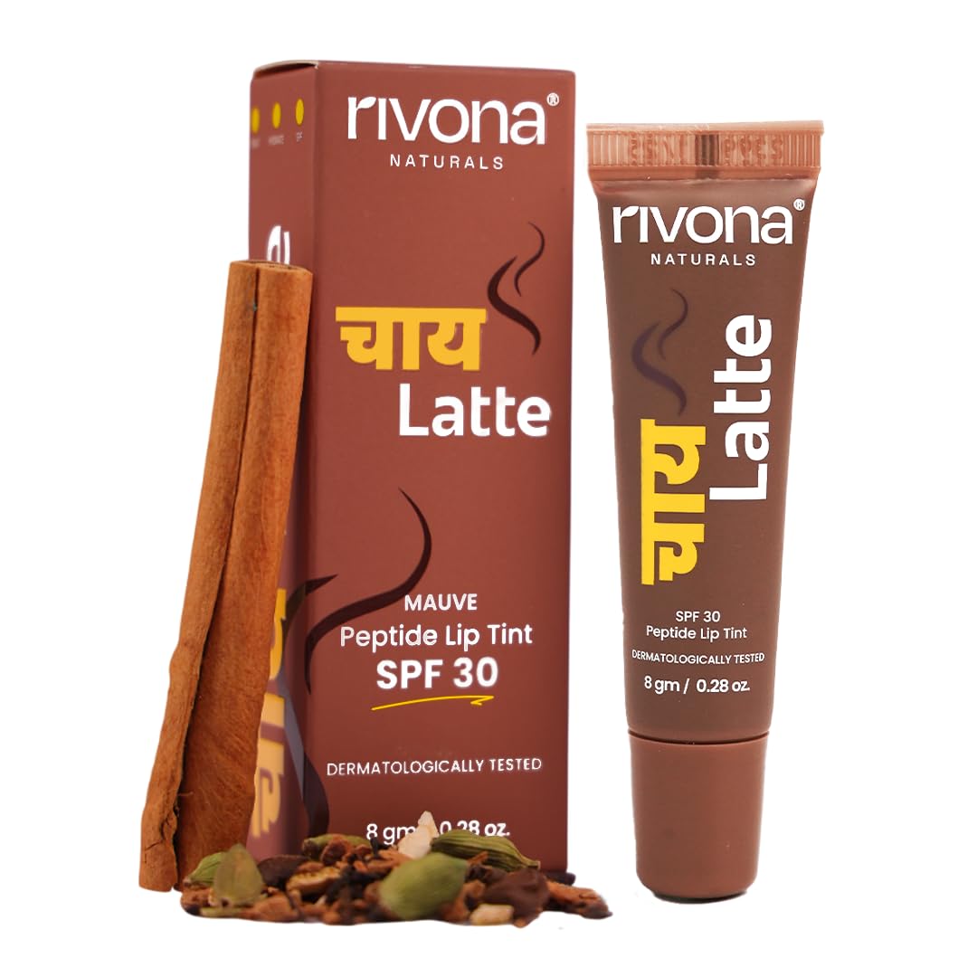 Rivona Naturals Chai Latte Tinted Peptide Lip balm with SPF 30 l Ceramides, Licorice & Kojic Acid for lip brightening and depigmentation l Hydrating and Glossy l Vegan Natural flavor - Shade Mauve 8g