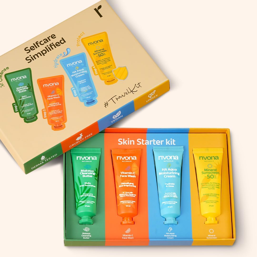 Rivona Naturals Skincare Travel Kit PO4 | Sunscreen UV protection, Face wash, Face cream, Cleansing balm | For Men & Women |100% Vegan, Natural, Cruelty free | All skin types