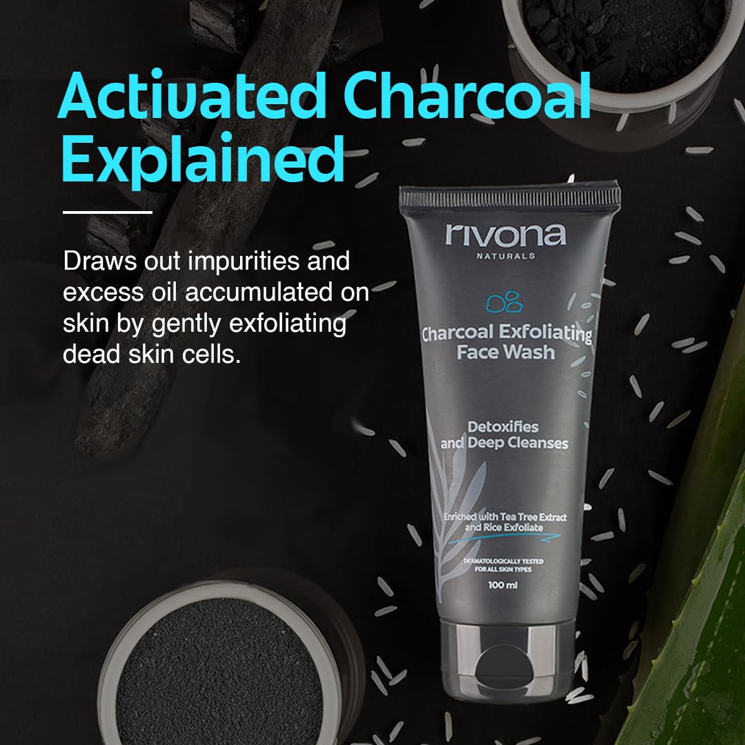 Rivona Naturals Charcoal Face Wash for men, anti pollution and deep pore cleasning with tea tree and rice granules 100ml