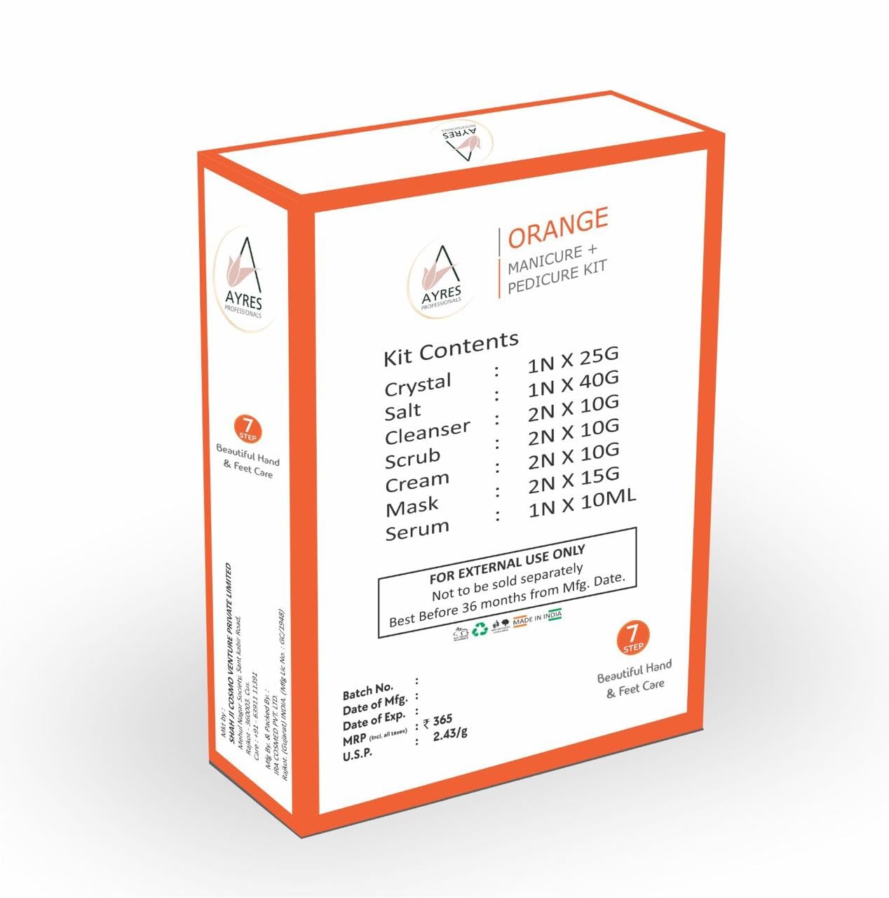 Ayres Professionals Manicure & Pedicure Kit – 7 Step Hand & Foot Spa Care | Smooth, Soft & Clean Hands & Feet | Relaxing Home Spa Experience | Suitable for Men & Women (Orange)