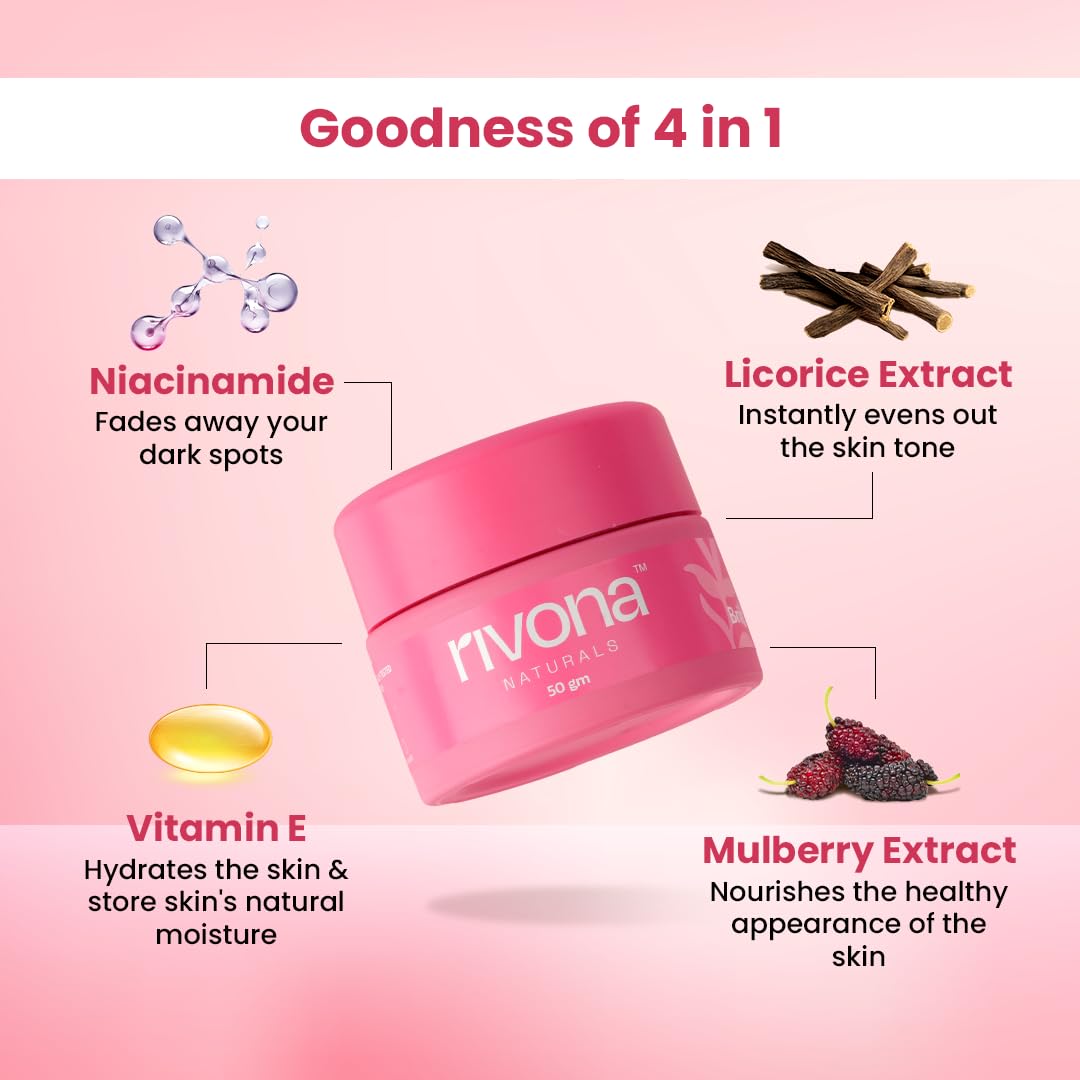 Rivona Naturals Bright Pink Face Cream | Long-Lasting Hydration | Light make up look | Vegan | Niacinamide & Mulberry Extracts| Tinted moisturiser | 50gm
