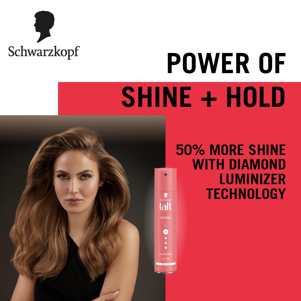 Schwarzkopf TAFT Shine Hair Spray For Shinner Hair With Diamond Luminizer Formula Hold 4, Lasts 24Hr+ Protects From Wind And Humidity, No Stickiness, Easy To Brush Out, For Salon Like Finish - 250Ml