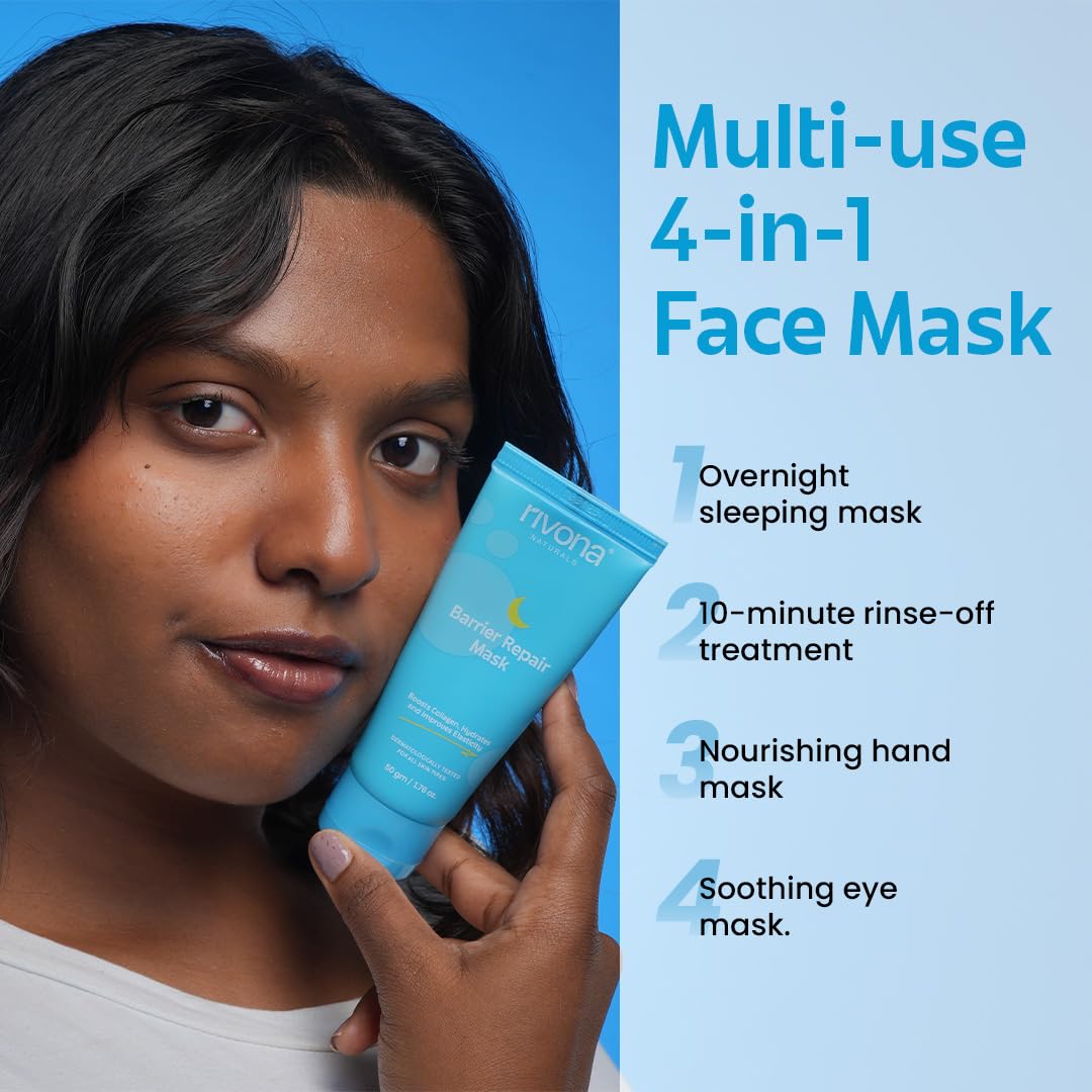 Rivona Naturals Barrier Repair Hydrating Mask 4-in-1, Leave on Overnight Mask Pack with Ceramides & Peptides, Boosts collagen, gives Glass skin, use as eye and hand mask | Suitable for Men and Women | All skin types 50gm