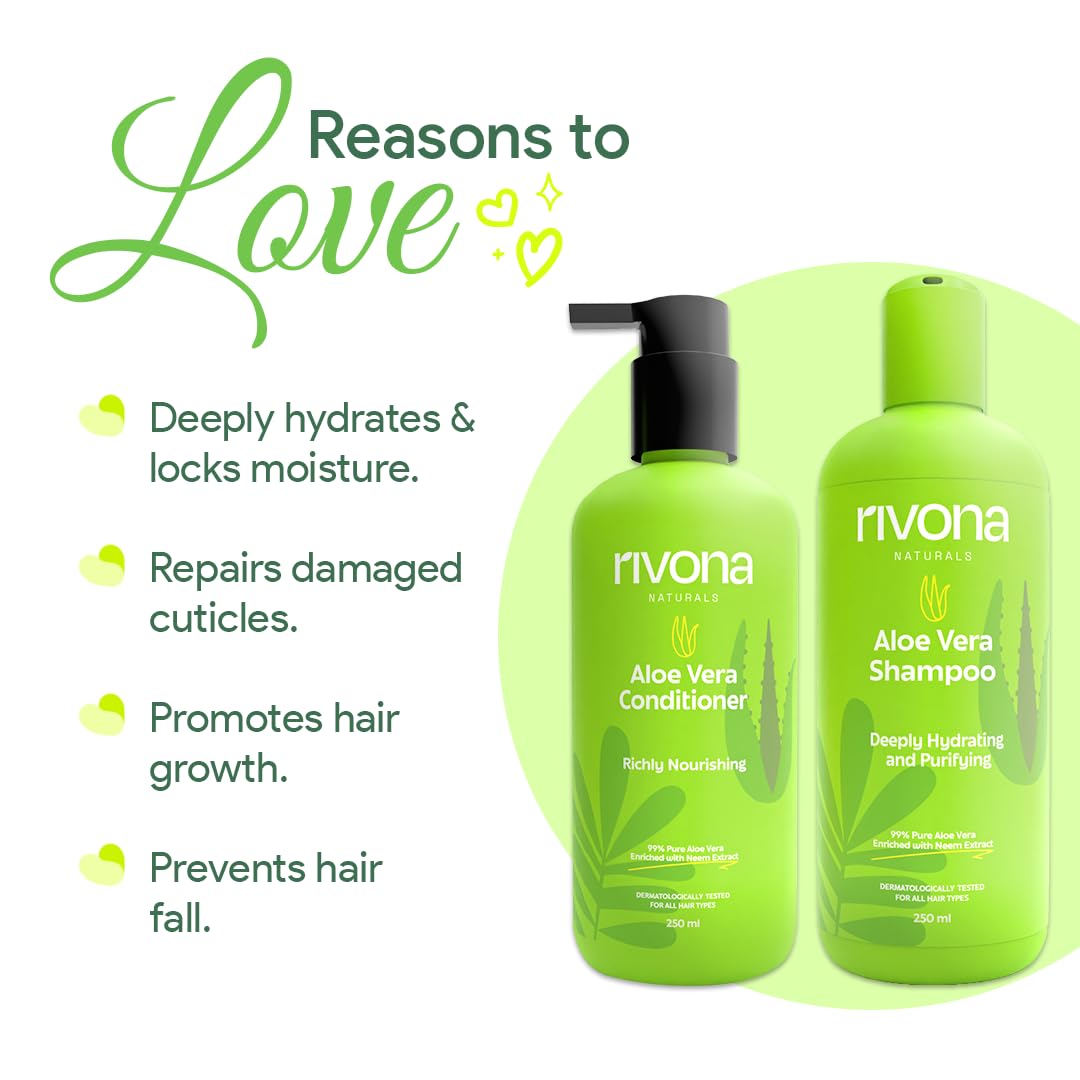 Rivona Naturals Aloe Vera Sulphate & Paraben Free Shampoo and Conditioner | Herbal Shampoo for Hair Growth & Hair Fall Control | Natural Cleanser with Moringa, Aloe vera & Neem |250 ml+250ml