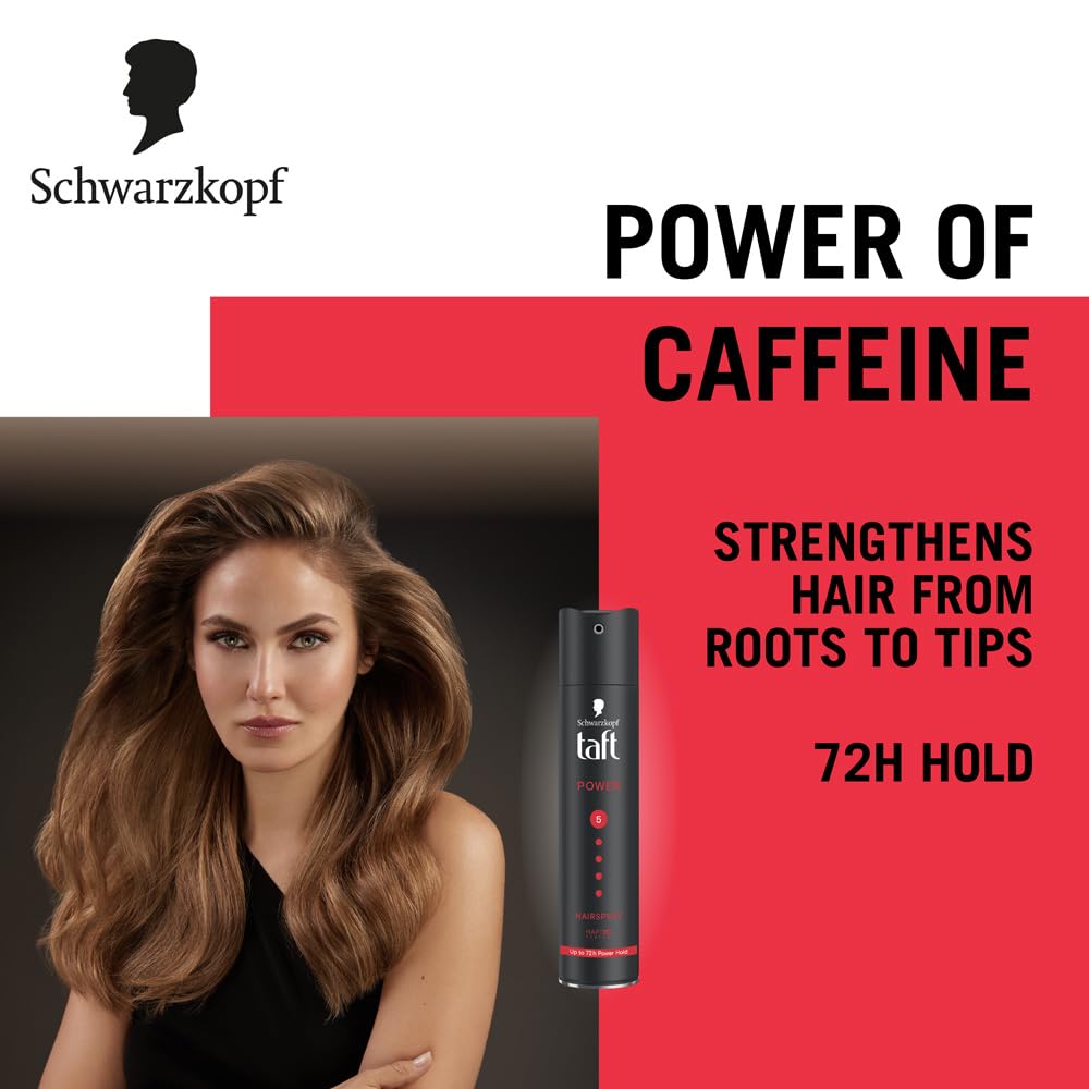 TAFT Schwarzkopf Power Hair Spray With Caffeine Formula For Strengthening Hair Hold 5, 72Hr Hold Protection From UV Rays, Wind And Humidity, No Stickiness, Easy To Brush Out, Salon Like Finish- 250Ml