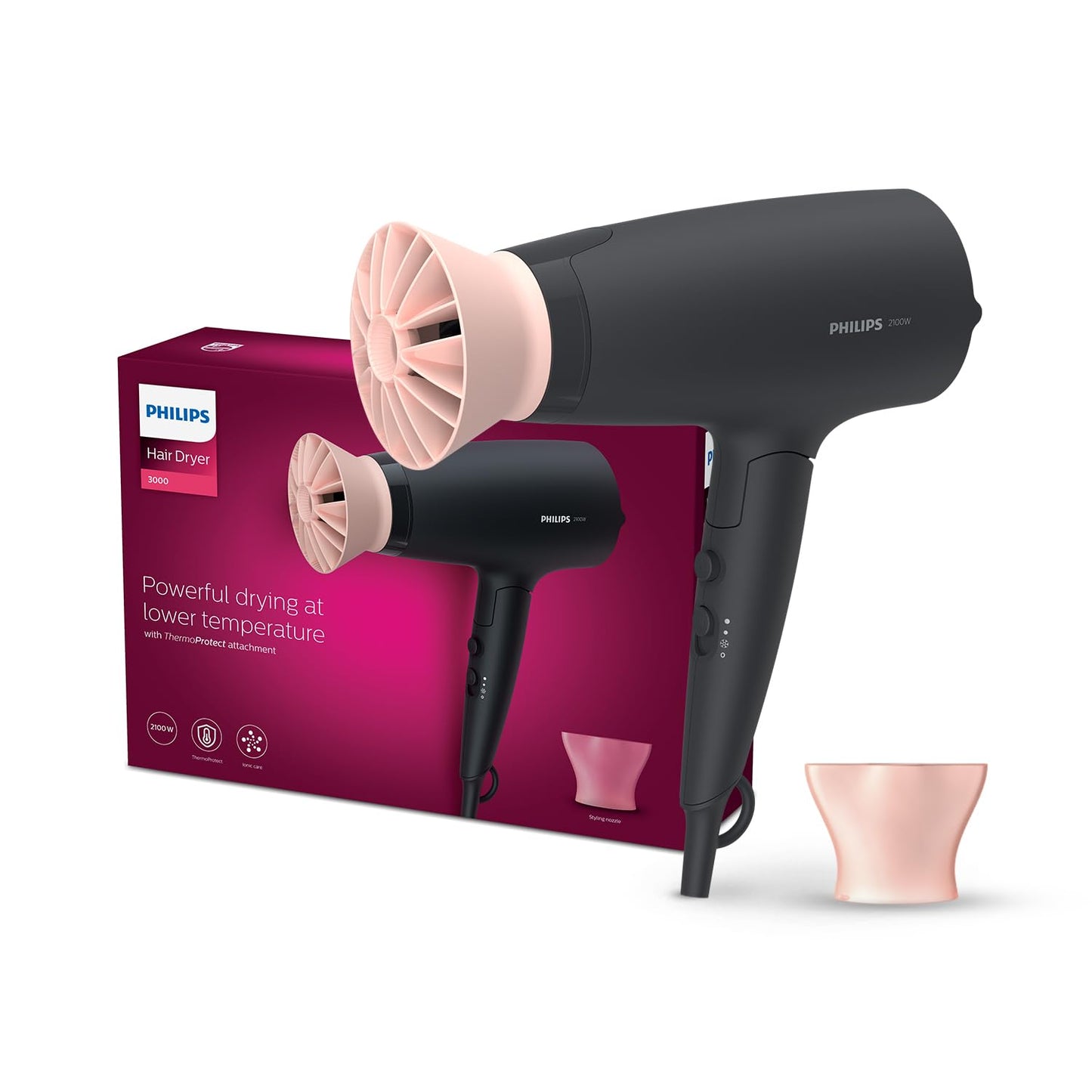 Philips  Hair Styling Brand - Foldable Hair Dryer 2100W, 6 HeatxSpeed Settings Cool Shot Advanced Ionic Care Frizz-Free Shine, ThermoProtect Airflower Attachment, For Indian Hair, BHD356