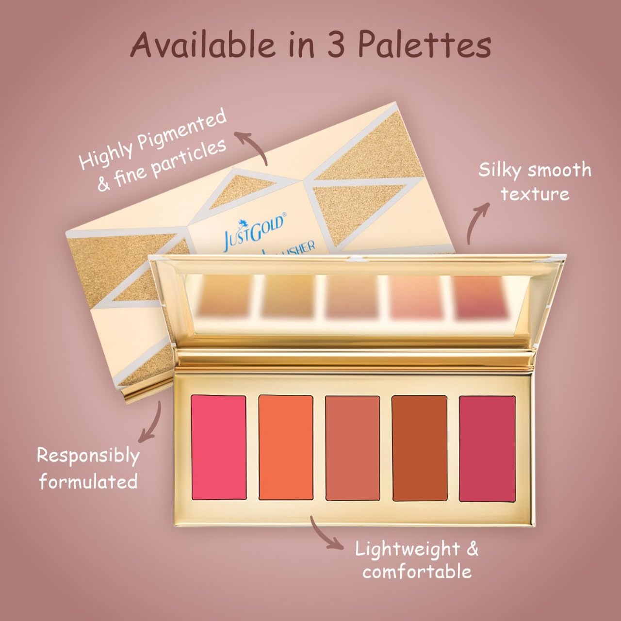 JustGold Artist Blusher Palette for Makeup, Highly Pigmented and Long Lasting with matte and shimmer shade