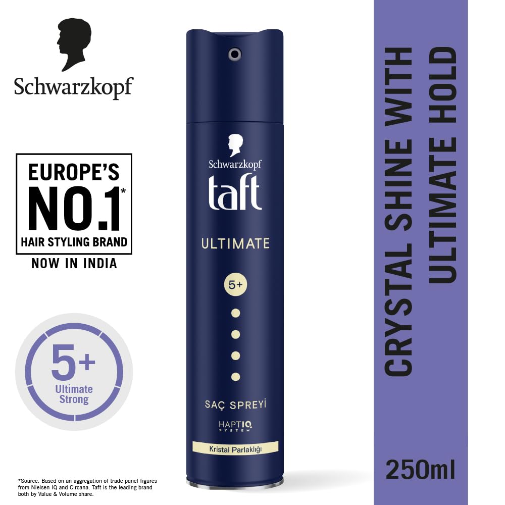 Schwarzkopf TAFT Ultimate Hair Spray For Hair With Crystal Shine | Hold 5+ For 72H hold | Protects From Wind And Humidity | No Stickiness | Easy To Brush Out | For Salon Like Finish - 250Ml