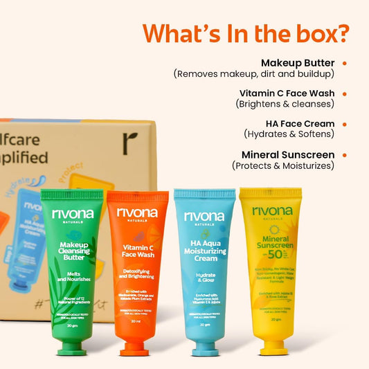 Rivona Naturals Skincare Travel Kit PO4 | Sunscreen UV protection, Face wash, Face cream, Cleansing balm | For Men & Women |100% Vegan, Natural, Cruelty free | All skin types