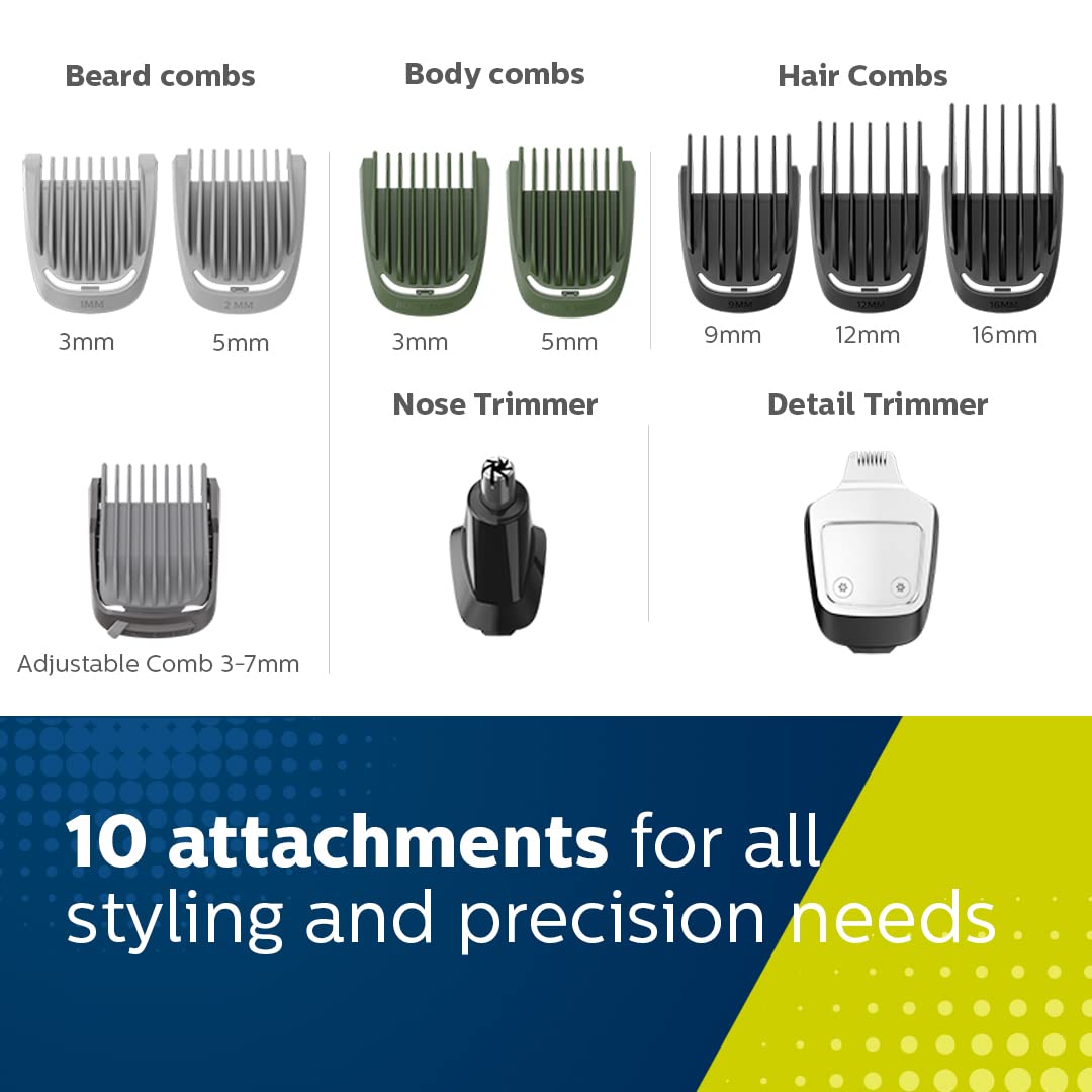 PHILIPS MG7707/15, 12-in-1 All-in-1 Trimmer. Power Adapt Technology For Recise Trimming Grooming Kit 120 min Runtime 11 Length Settings (Blue, Black)