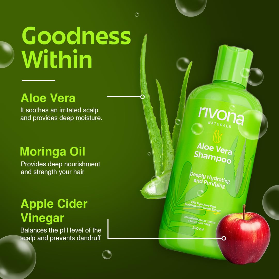 Rivona Naturals 99% Silky & Stronger Aloe vera & Neem Hair Shampoo, For Damaged, Dry and Frizzy Hair - No Parabens & Silicones - 250 ML