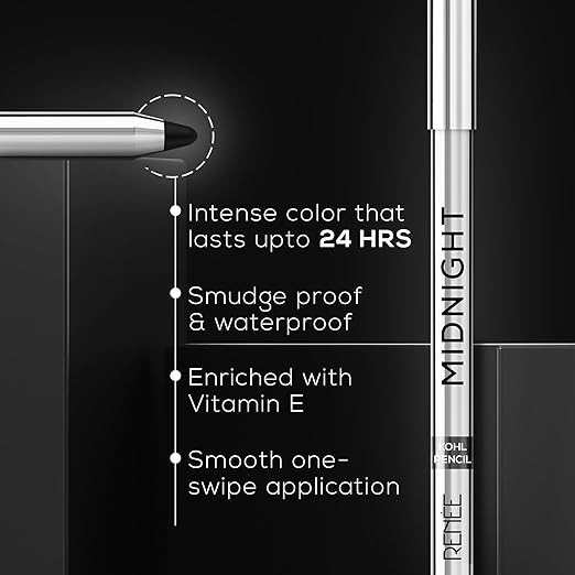 RENEE Midnight Kohl Pencil - One-Swipe-Application with rich color Payoff - Smudgeproof and waterproof - Enriched with Vitamin E, Olive Oil and Castor Oil - 1.5 Gm