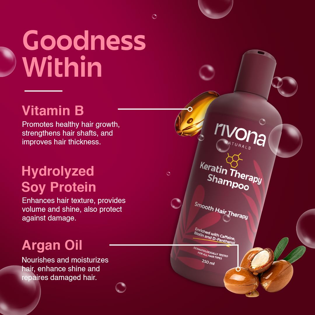 Rivona Naturals Keratin Therapy Shampoo, For Intense Damaged Hair Repair l Keratin Protein + Argan Oil nourishes dry hair| For Dry, Damaged and frizzy hair 250 ml