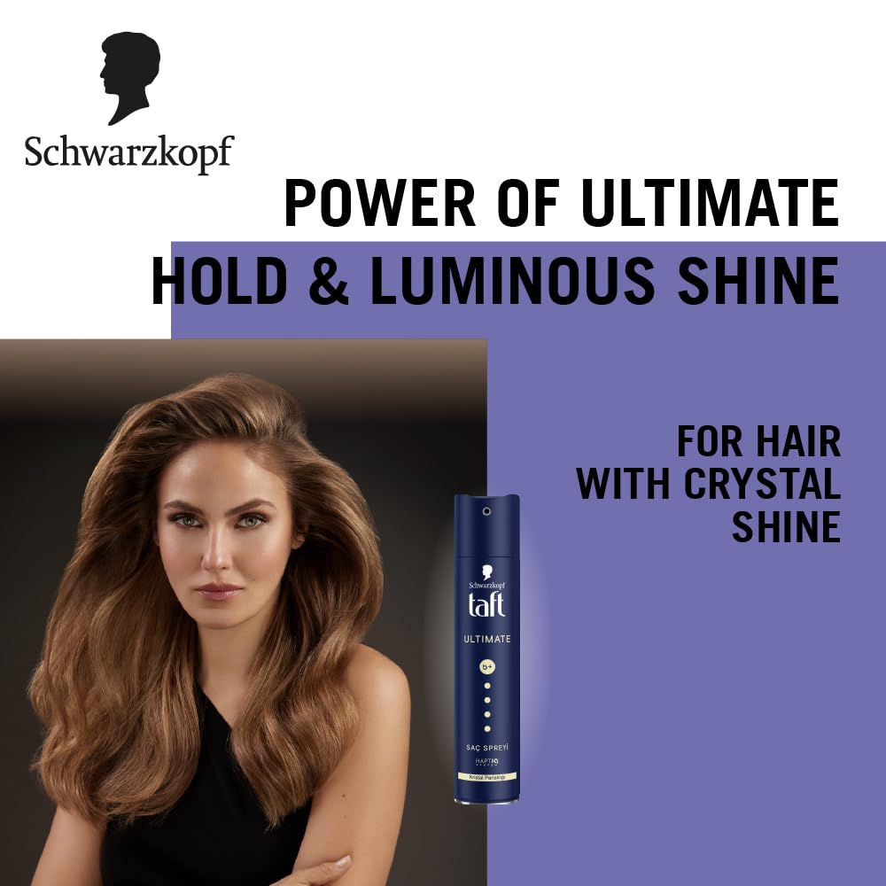 Schwarzkopf TAFT Ultimate Hair Spray For Hair With Crystal Shine | Hold 5+ For 72H hold | Protects From Wind And Humidity | No Stickiness | Easy To Brush Out | For Salon Like Finish - 250Ml