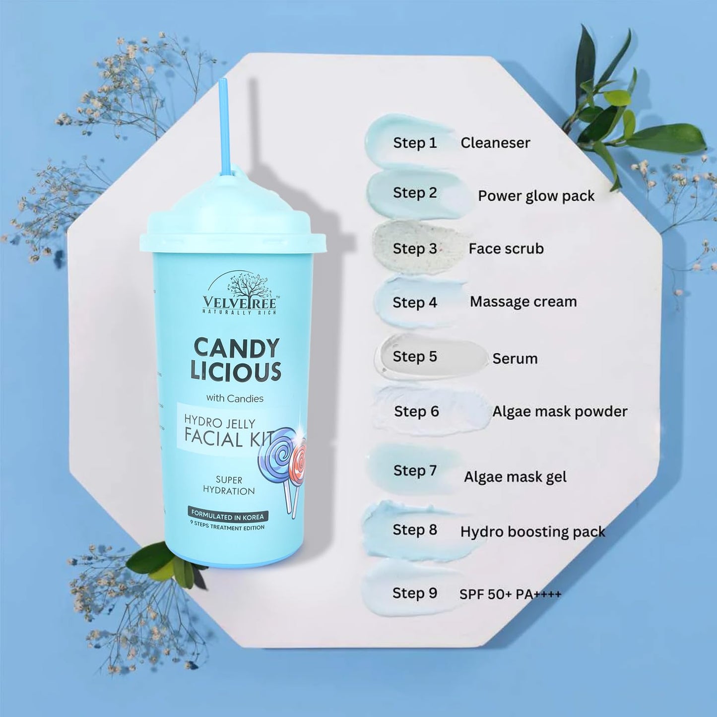 VELVETREE Hydro Jelly Facial Kit Very Berry with Berries Anti Aging, formulated in korea, 9 steps treatment edition (165 ml Candy Licious)