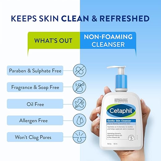 Cetaphil Gentle Skin Cleanser For Dry, Normal Sensitive Skin, 500ml Hydrating Face Wash With Niacinamide,Vitamin B5, Dermatologist Recommended, Paraben