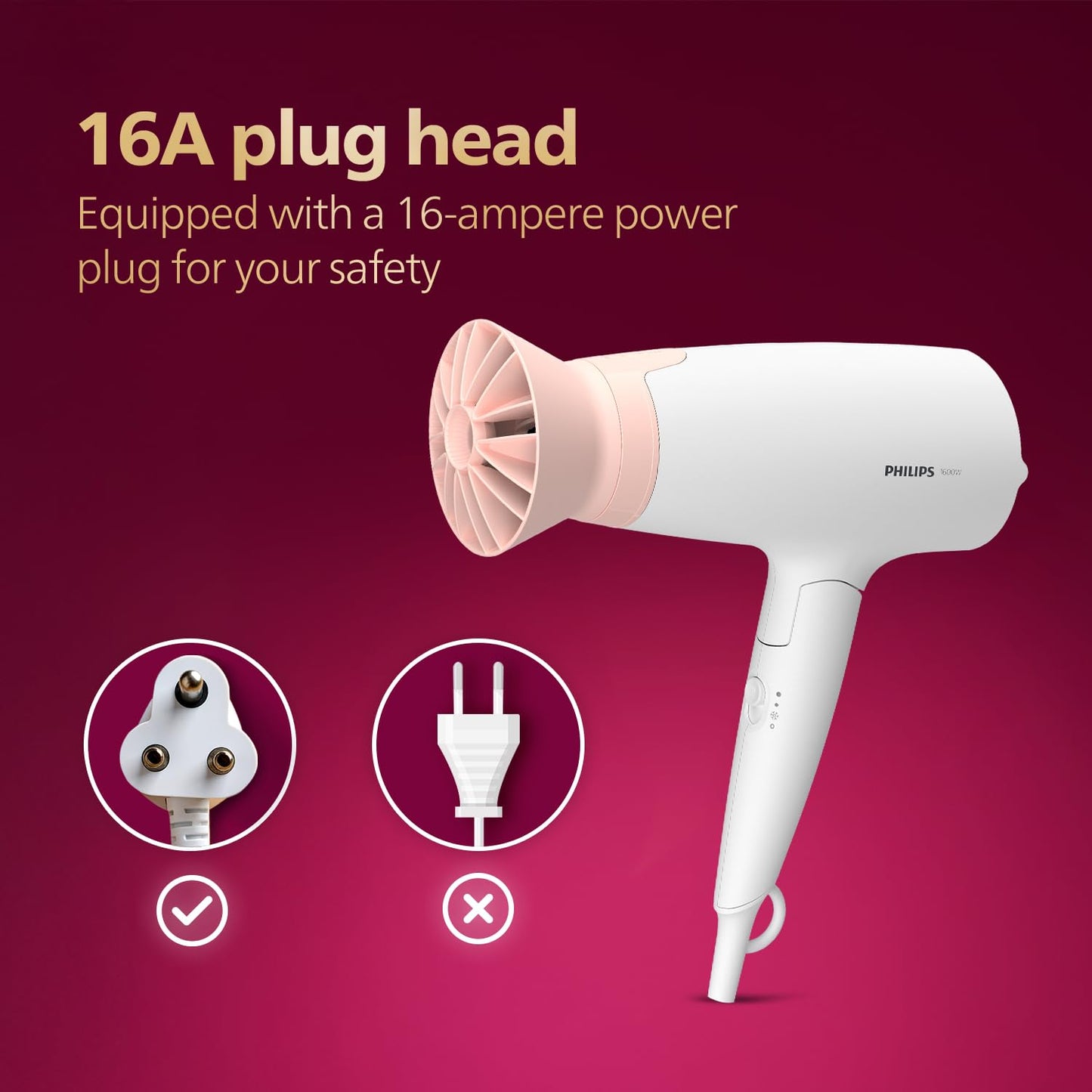Philips Foldable Hair Dryer 1600 Watts| Powerful Salon-like Blow Drying with Less Heat | 3 Heat Settings with Cool Shot (Hot/Cool/Warm) | ThermoProtect Airflower Attachment- Pink | BHD308/30 - White