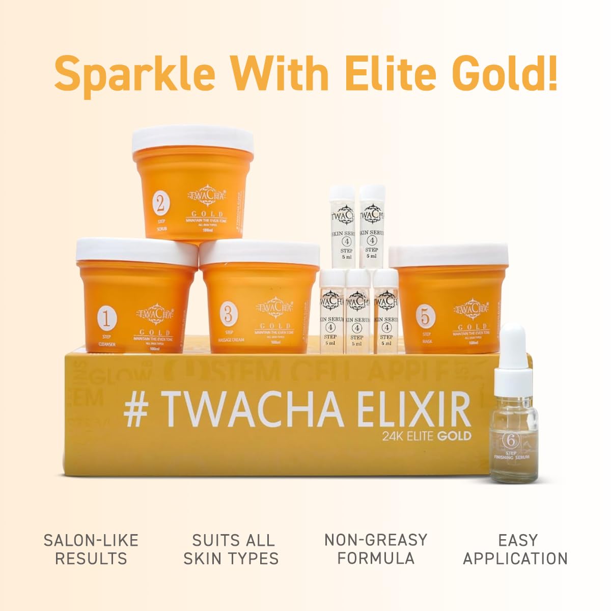 TWACHA Elite Gold Facial Kit | Gives Even Tone Radiant Glow | Ideal for both Men and Women | Suits All Skin Types (6 Steps Facial)