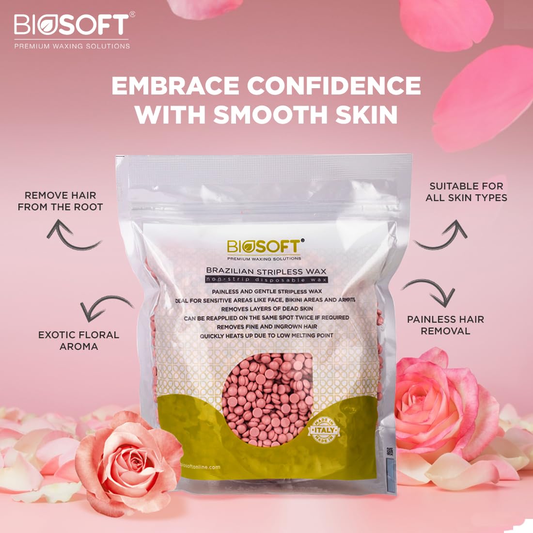 Biosoft Rose Stripless Wax (500g) Blend Of Natural Ingredients