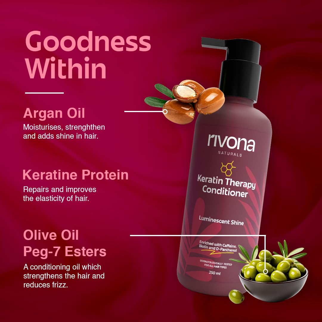 Rivona Naturals Keratin Therapy Conditioner |Nourishes & Controls Frizz with Hydrolyzed Keratin protein & Olive Oil Peg-7 Esters | Men & Women |All hair types| 250 ml