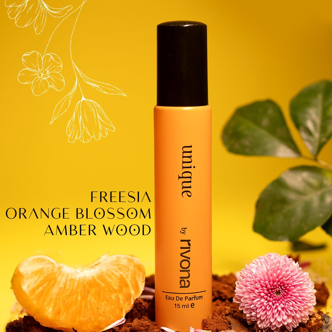 Rivona Unique Eau De Parfum Perfume for Women & Men with Freesia, Orange Blossom & Amberwood | Long Lasting EDP Fragrance Scent | 15ml