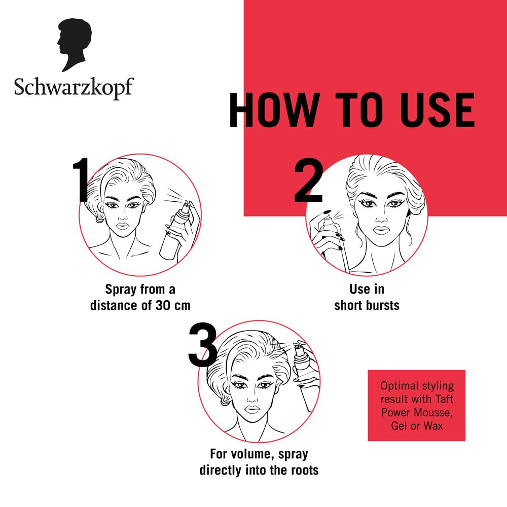 TAFT Schwarzkopf Power Hair Spray With Caffeine Formula For Strengthening Hair Hold 5, 72Hr Hold Protection From UV Rays, Wind And Humidity, No Stickiness, Easy To Brush Out, Salon Like Finish- 250Ml