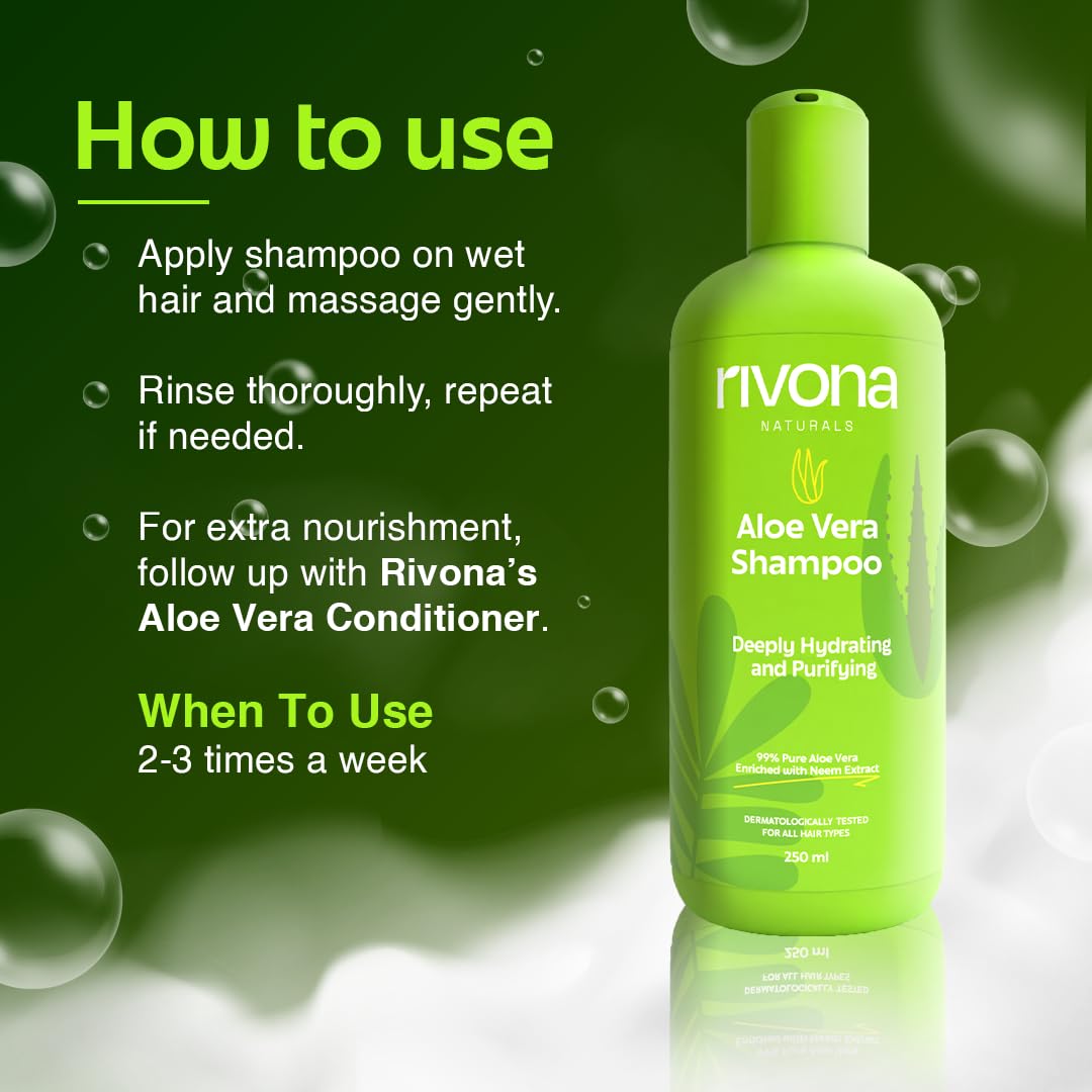 Rivona Naturals 99% Silky & Stronger Aloe vera & Neem Hair Shampoo, For Damaged, Dry and Frizzy Hair - No Parabens & Silicones - 250 ML