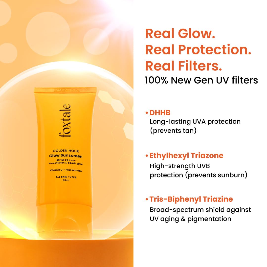 Foxtale Glow Sunscreen SPF 50 PA++++ with Vitamin C & Niacinamide, In-Vivo Tested, Sensitive-Skin Friendly, Made with 100% New-Gen Filters & EU Approved, Lightweight, Non-Greasy, No White Cast 50ml