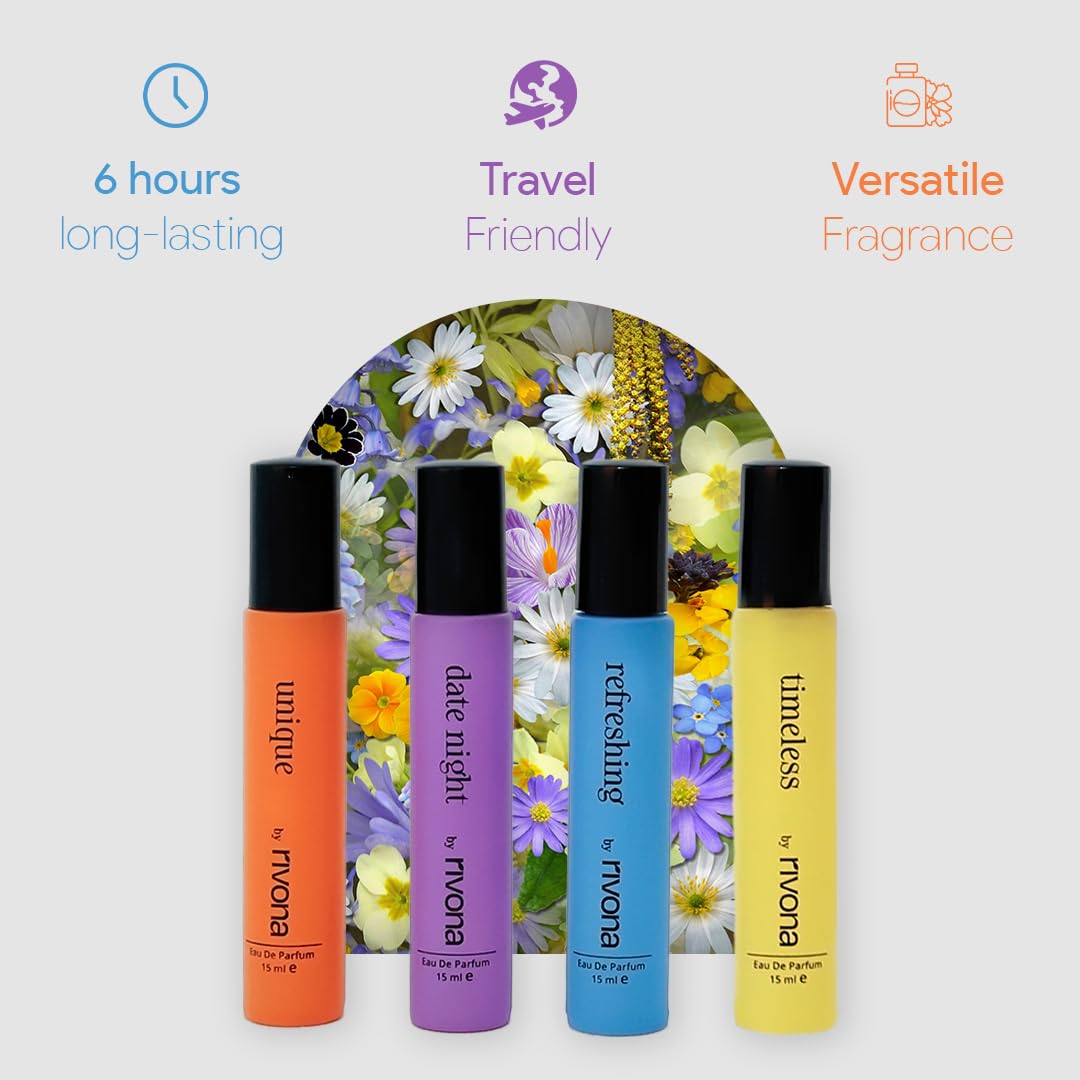 RIVONA NATURALS Versatile Unisex Floral Perfume Gift Set Of 4x15ml For Unisex, Premium Long-Lasting Liquid Fragrance
