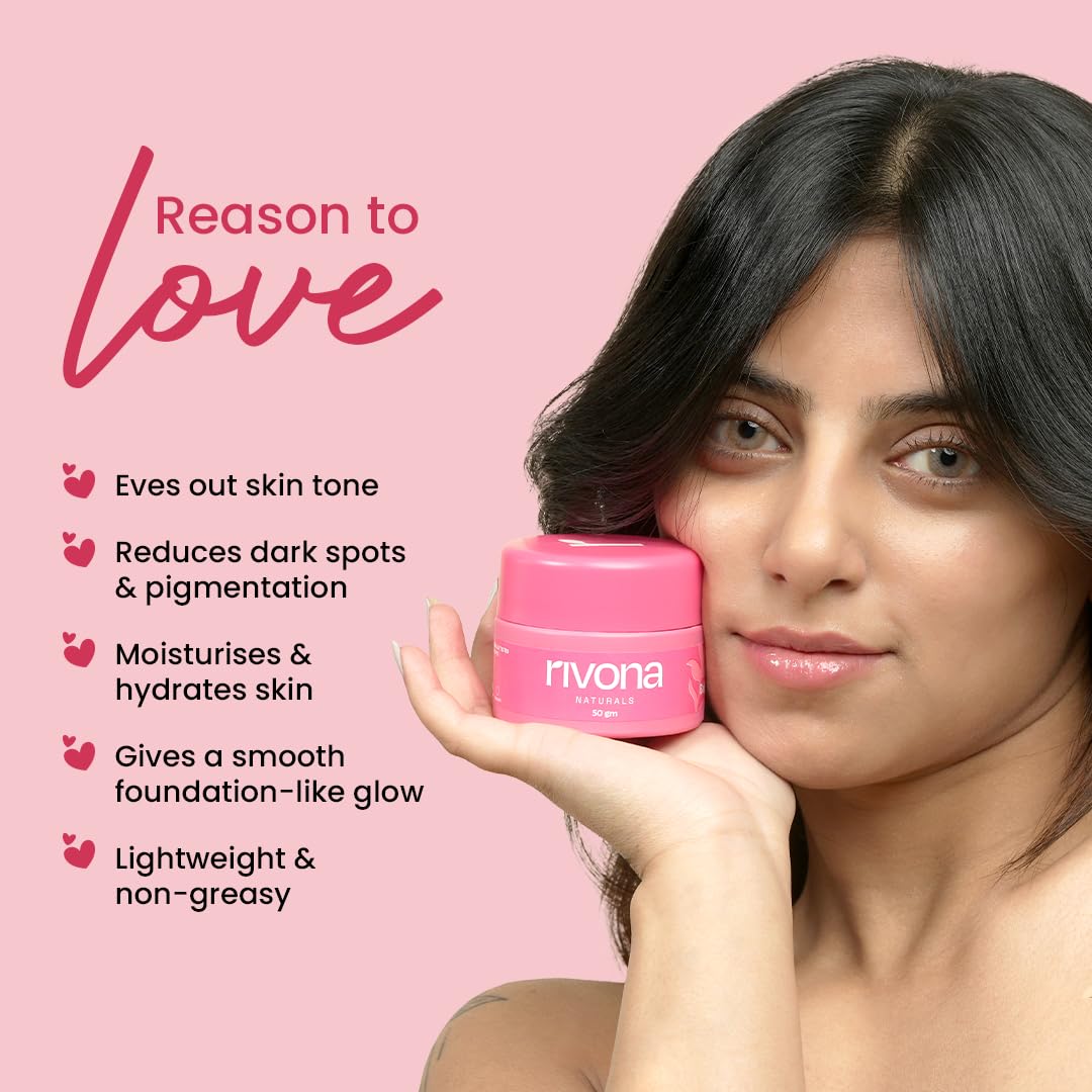 Rivona Naturals Bright Pink Face Cream | Long-Lasting Hydration | Light make up look | Vegan | Niacinamide & Mulberry Extracts| Tinted moisturiser | 50gm