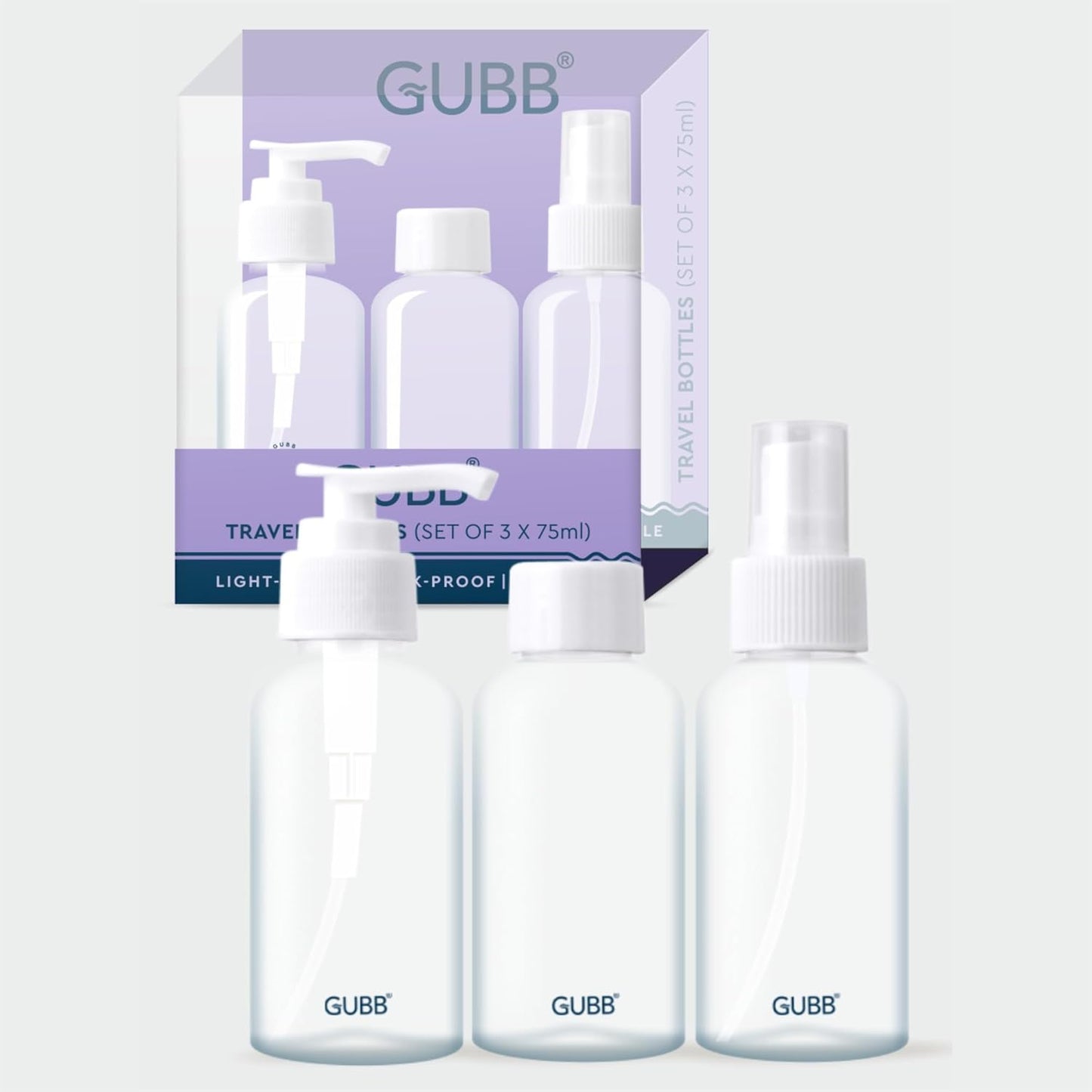 GUBB Travel Bottle Set | Travel Bottles For Toiletries | Refillable Bottles With Pump, Spray & Cap
