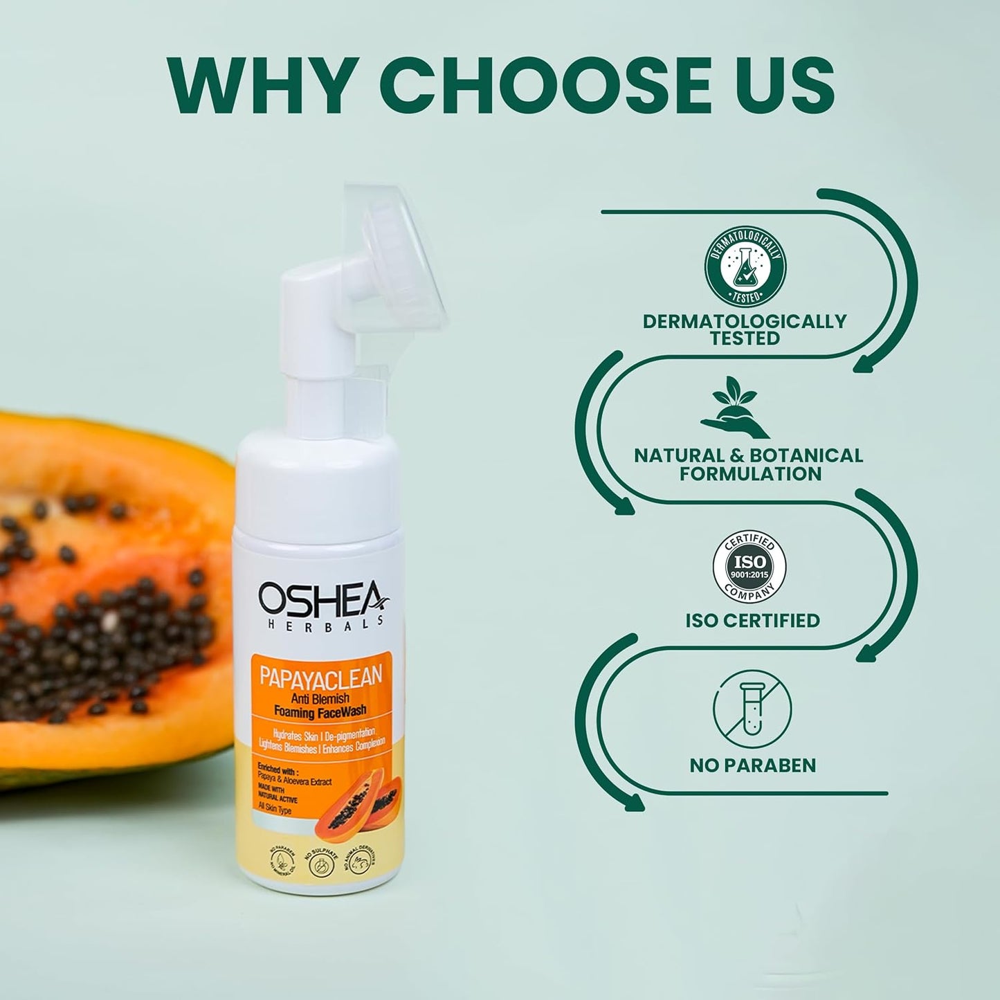 Oshea Herbals Papayaclean Anti Blemish Foaming Facewash For All Skin Types | Removes Blemishes, Pigmentation & Brightens Skin | With Papaya & Aloe Vera Extracts - 150ml