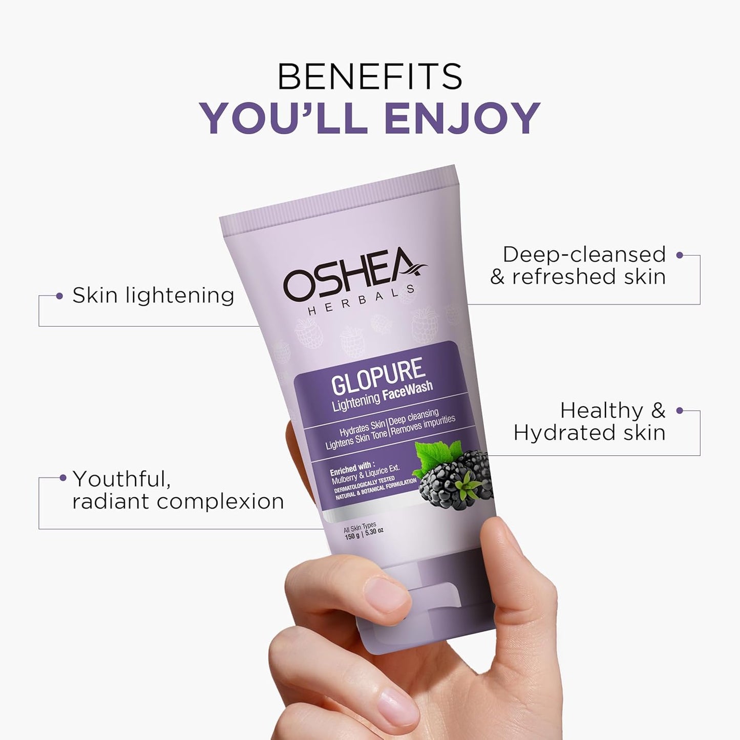 Oshea Herbals Glopure Lightening Gel Facewash For All Skin Types | Lightens & Hydrates Skin with Deep Cleaning | Enriched with Mulberry & Liquorice Extracts  | 50g