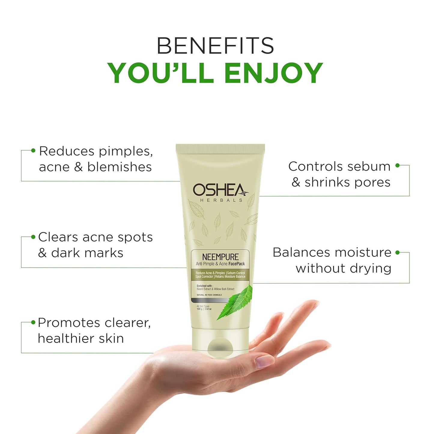 Oshea Herbals NeemPure Anti Pimple & Acne Face Pack | Controls Sebum, Reduces Acne & Spots | Enriched with Neem & Willow Bark Extract | Retains Moisture Balance | Suitable for All Skin Types | 100 g