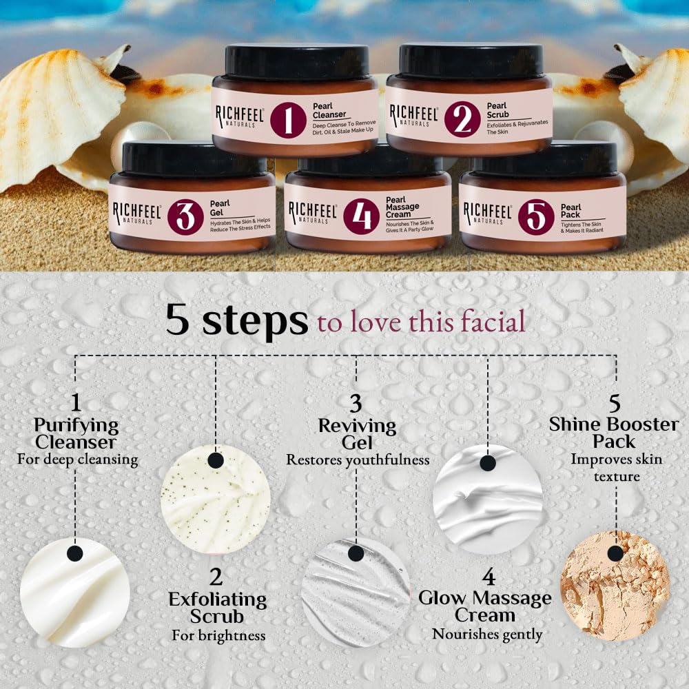 Richfeel Pearl Facial Kit for glowing skin | Luminous and Radiant Skin | Tan Removal | Best For Dry Skin | Pack Of (2x250g=500g)