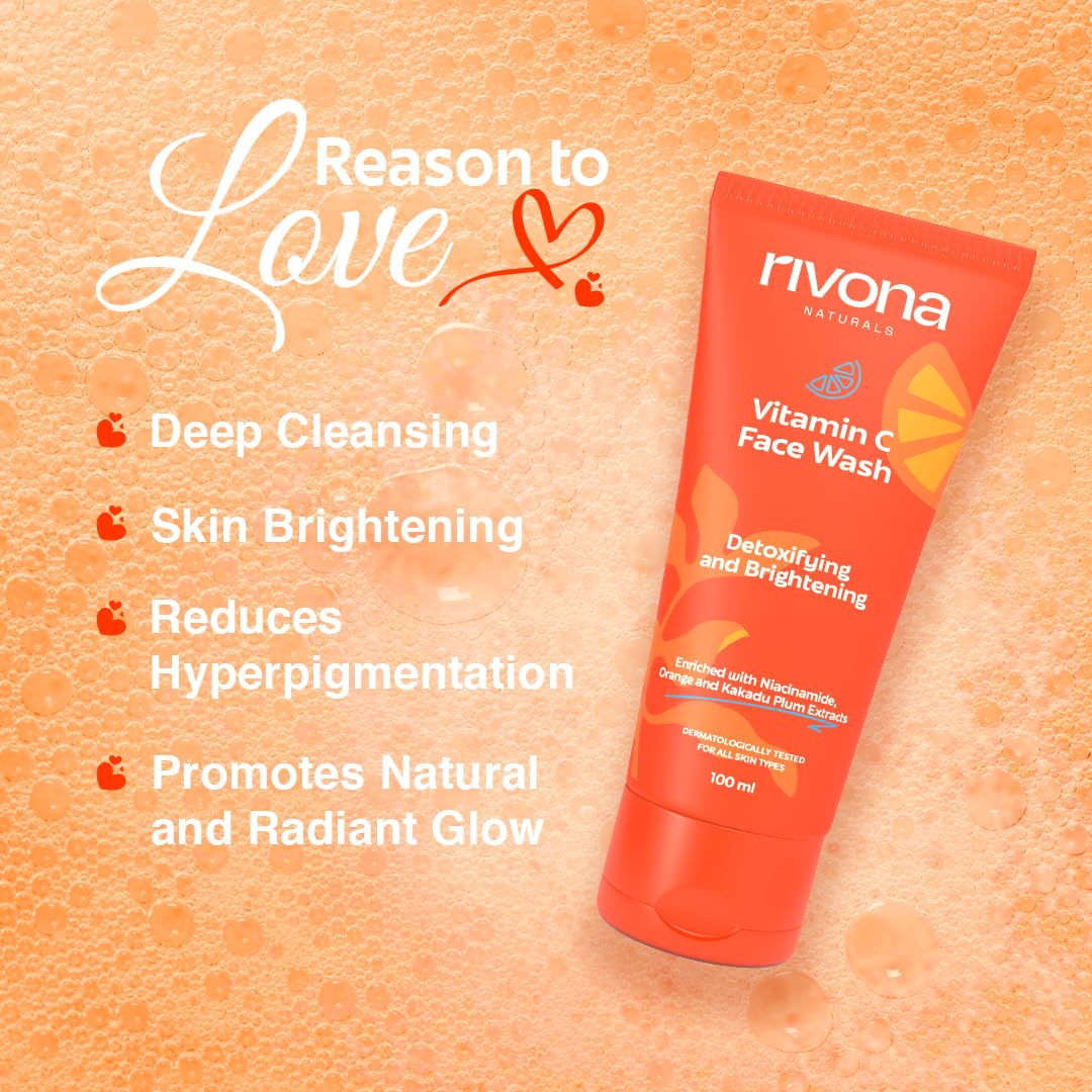 Rivona Naturals Vitamin C Face Wash With Niacinamide & Orange, Kakadu plum| For Women & Men 100ml- Toxin-Free & Oil-Free Face Wash for Acne-Prone, Dry & Oily Skin