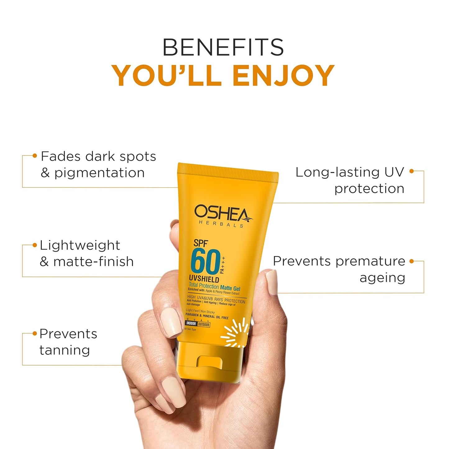 Oshea Herbals SPF 60 PA+++ Non Sticky UVshield Matte Gel Sunscreen for All Skin Types | Reduces Ageing with Signs of Sun Damage, Protects from UVA & UVB | Enriched with Apple & Peony Flower Extract | 60g