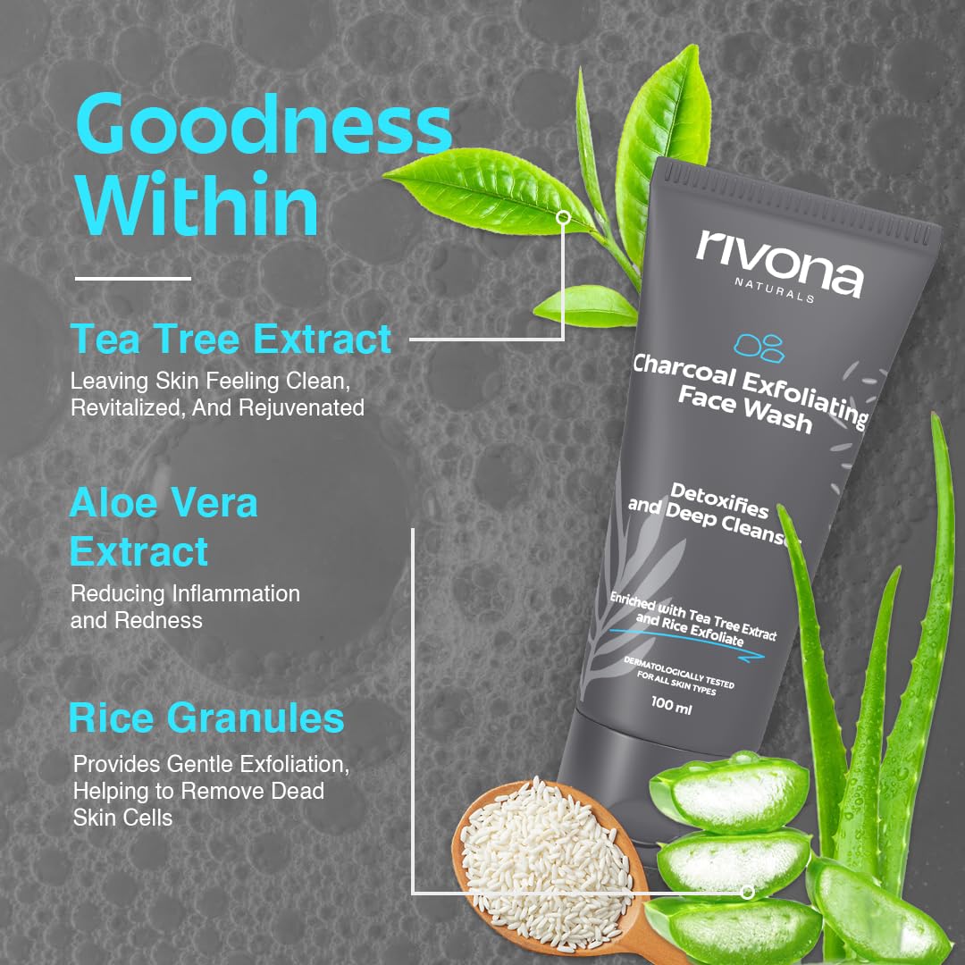 Rivona Naturals Charcoal Face Wash for men, anti pollution and deep pore cleasning with tea tree and rice granules 100ml