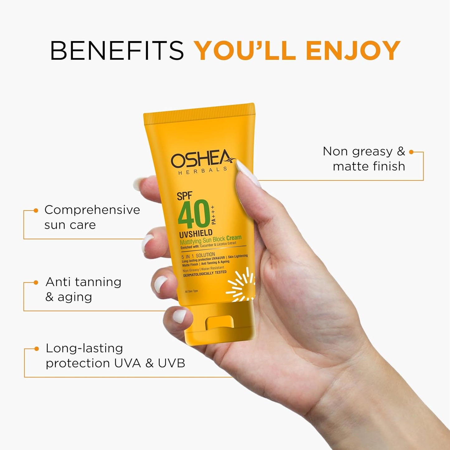 Oshea Herbals SPF 40 PA +++ UVshield Mattifying Non Greasy & Water Resistant Sunscreen for All Skin Types | Protection from UVA & UVB, Removes Tanning & Ageing | Enriched with Cucumber Extract