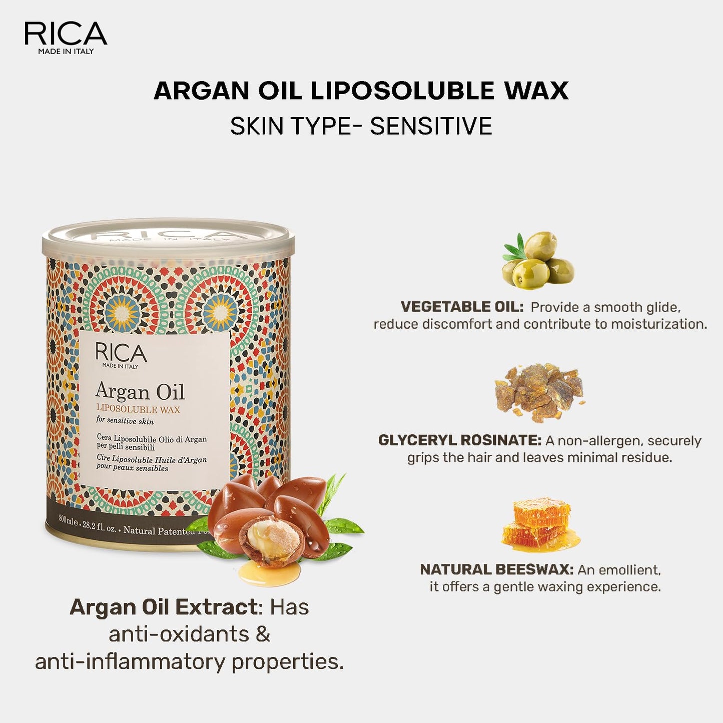 Rica Argan Liposoluble Painless Hair Removal Wax For Men & Women| Quick & Easy Tan Removal Waxing for Sensitive Skin | 800ml