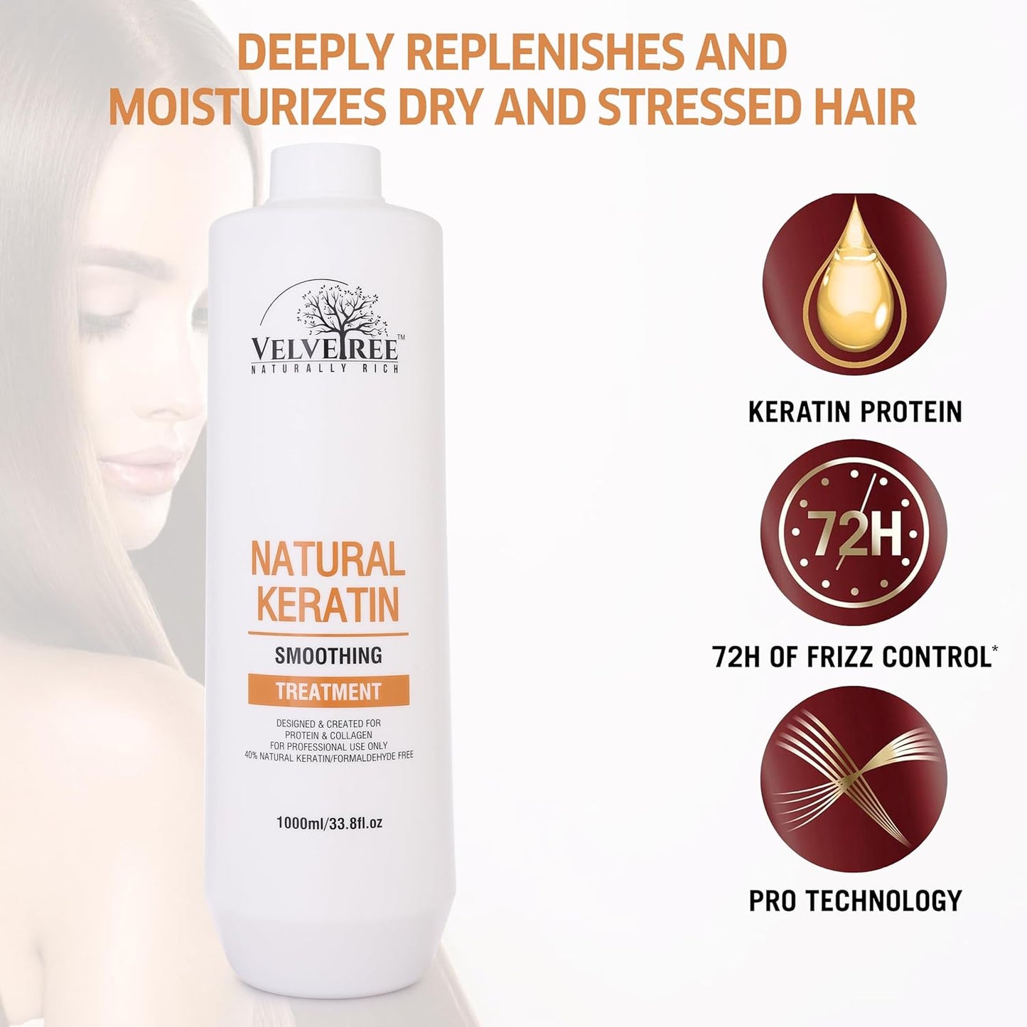 VELVETREE Natural Keratin Smoothing Treatment, Professional Hair Care, 1000ml, Formaldehyde-Free