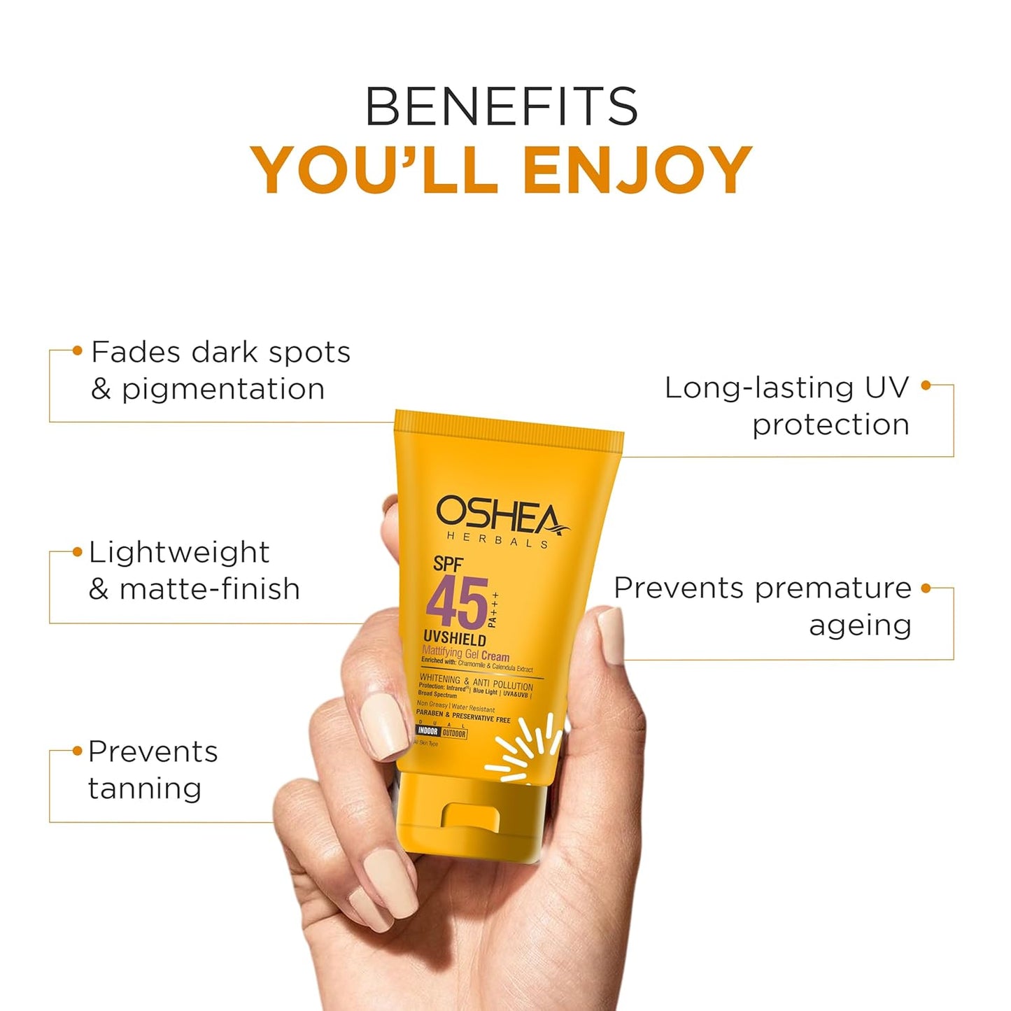 Oshea Herbals UVShield Mattifying Gel Sunscreen Cream SPF 45 PA +++ for All Skin Types | Non Greasy & Water Resistant | Blue Light, UVA & UVB Protection | Enriched with Chamomile Extract