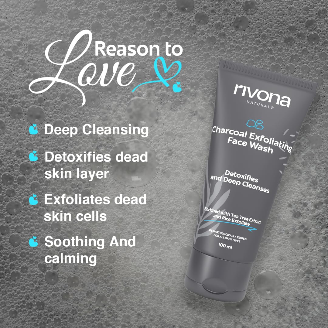 Rivona Naturals Charcoal Face Wash for men, anti pollution and deep pore cleasning with tea tree and rice granules 100ml
