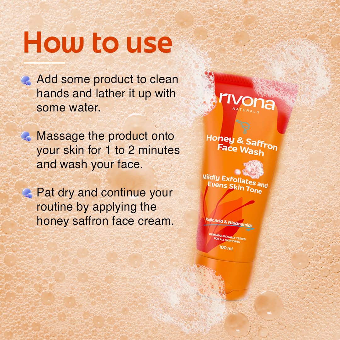 Rivona Naturals Honey & Saffron, brightening facewash with Niacinamide, Kojic Acid l Daily Gentle Face Cleanser For All Skin Types 100gm