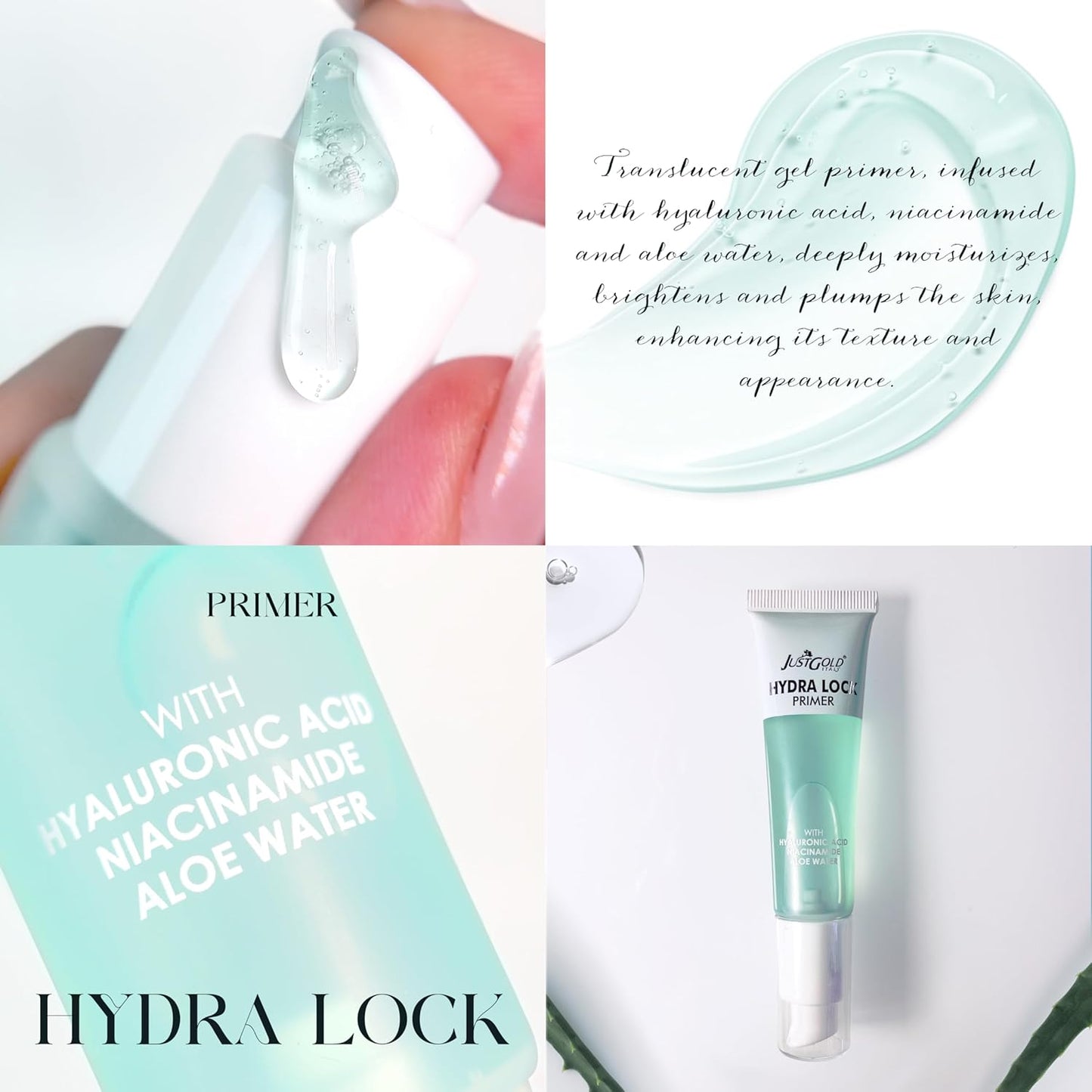 Justgold Hydra Lock Primer with Hyaluronic Acid, Niacinamide and Aloe Water, Gel-Based & Hydrating Face Primer, Skin & Brightens, Grips Makeup Primer