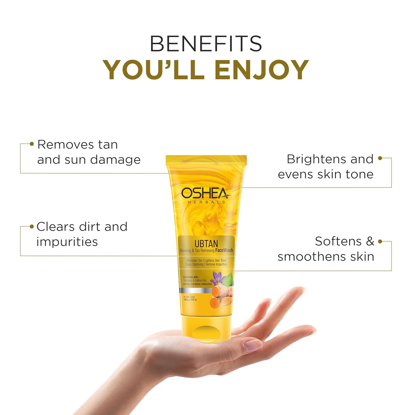 Oshea Herbals Ubtan Glowing & Tan Removing Facewash for Women & Men | Deep Cleansing with Detan Formula | Repairs Sun Damage & Exfoliates Skin | Enriched with Turmeric Extract | All Skin Types | 100g