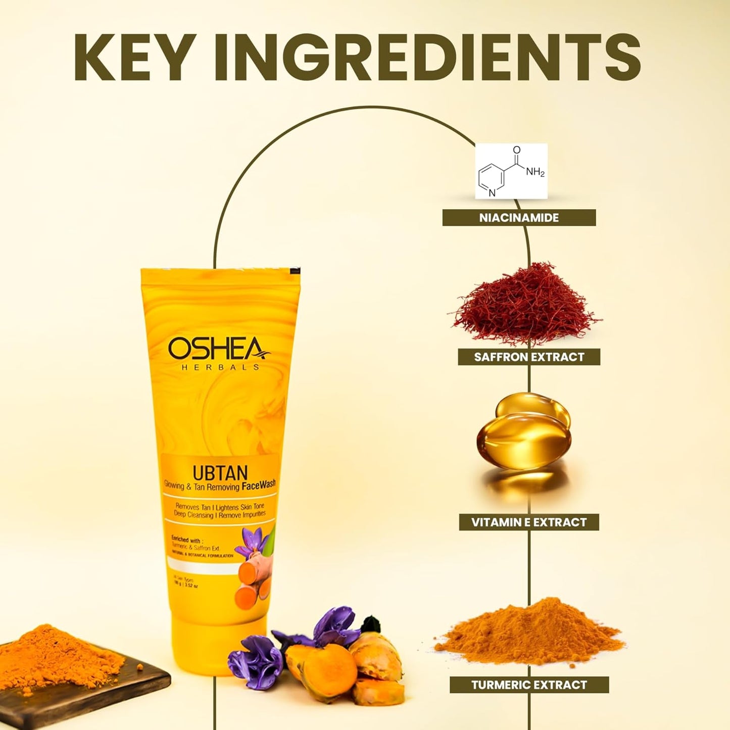 Oshea Herbals Ubtan Glowing & Tan Removing Facewash for All Skin Types | Removes Tan, Impurities & Lightens Skin Tone with Deep Cleansing | Enriched with Turmeric & Saffron Extracts 100g