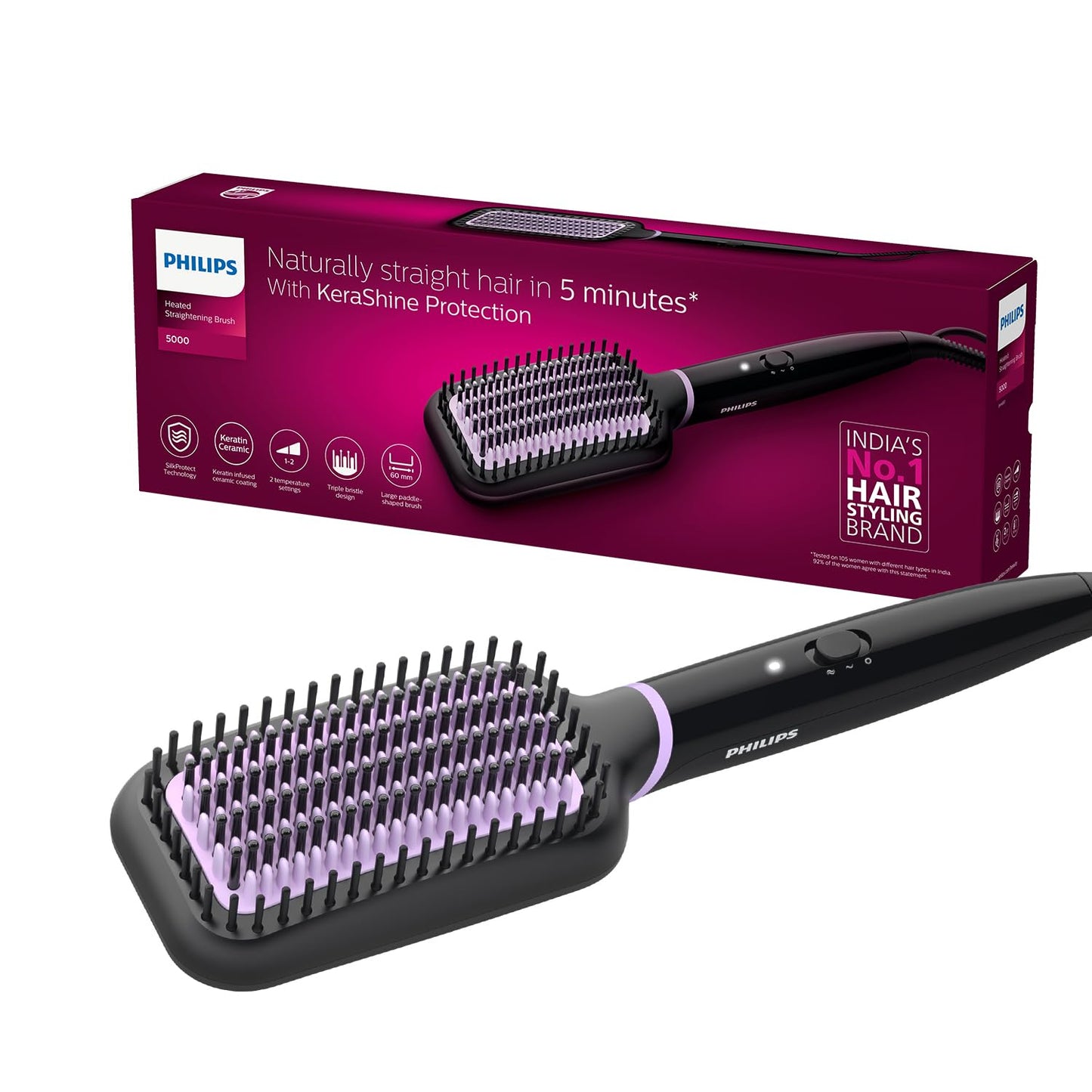 Philips India's No.1 Hair Styling Brand -Hair Straightener Brush, Naturally Straight in 5 Mins,5X Less Frizz,SilkProtect Keratin Tech,Triple Bristle Fast 50s Heatup,Scalp Protect,For Indian Hair,BHH880