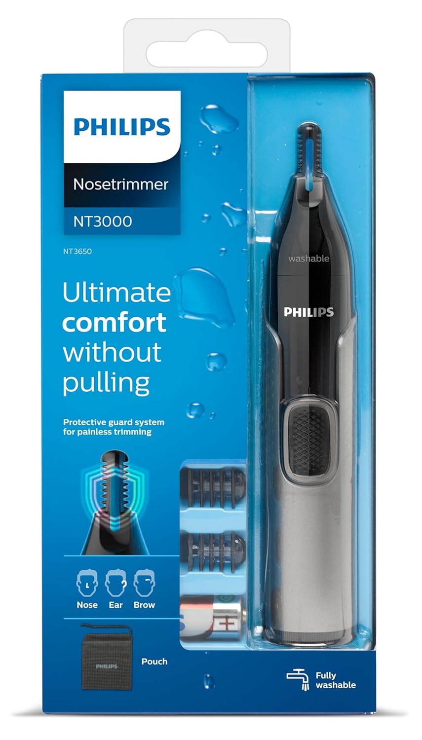 PHILIPS Unisex Nose Hair Trimmer | Nose, Ear And Eyebrow Trimmer Showerproof With Protective Guard System, Battery-Operated, No Pulling Guaranteed - Nt3650/16,